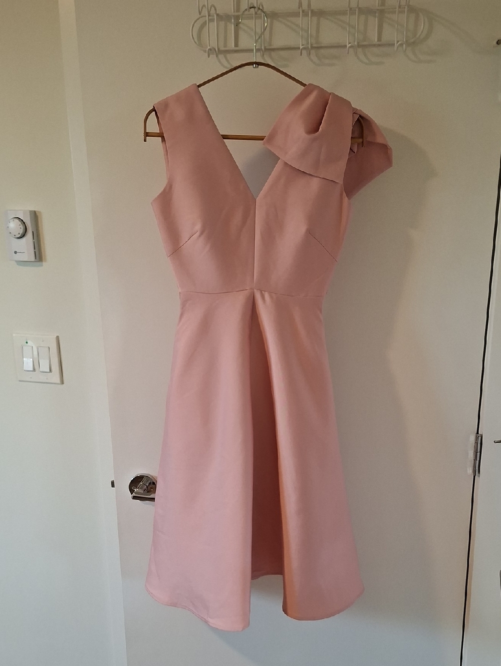 Powder/Bubblegum Pink Satin Flared Midi Dress w/ Shoulder Bow Detail (Size XS)
